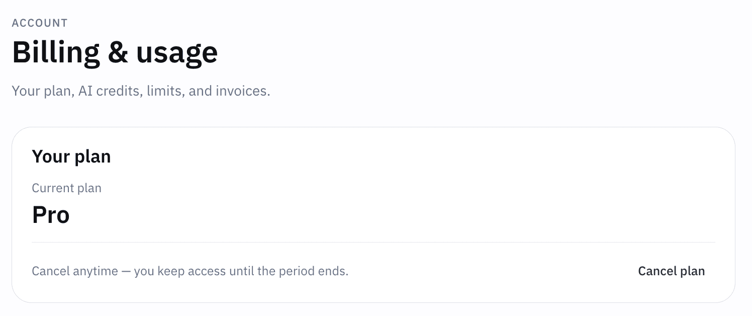 Billing & usage settings page showing the Your plan card with the Cancel plan button