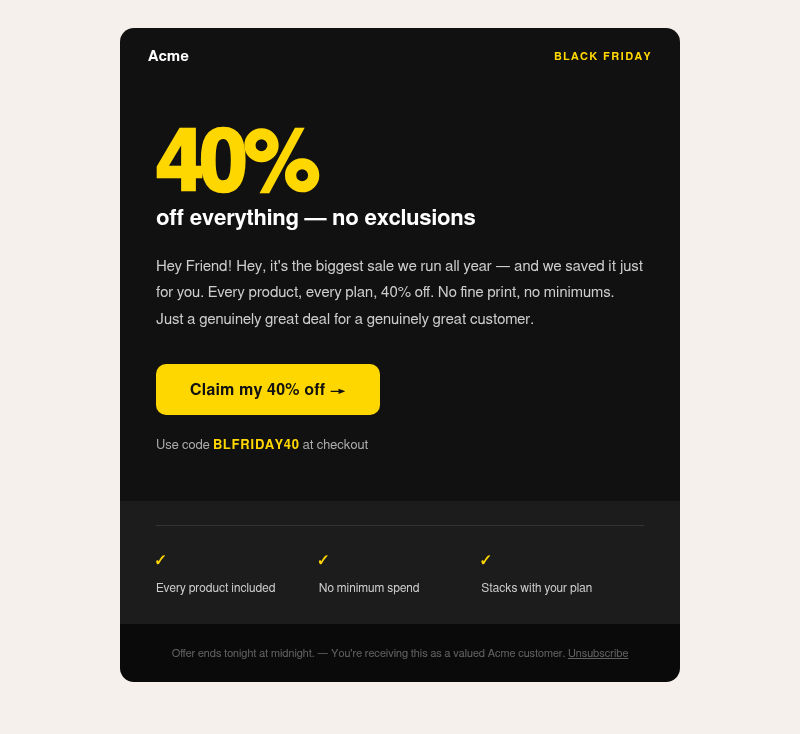 40% off everything — no exceptions email template preview