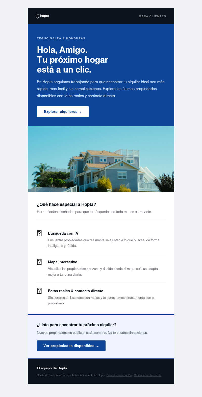 Tu próximo hogar está a un clic — Hopta email template preview