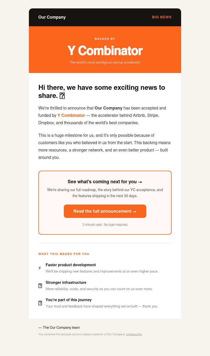 Big news: We've been backed by Y Combinator 🚀 email template preview